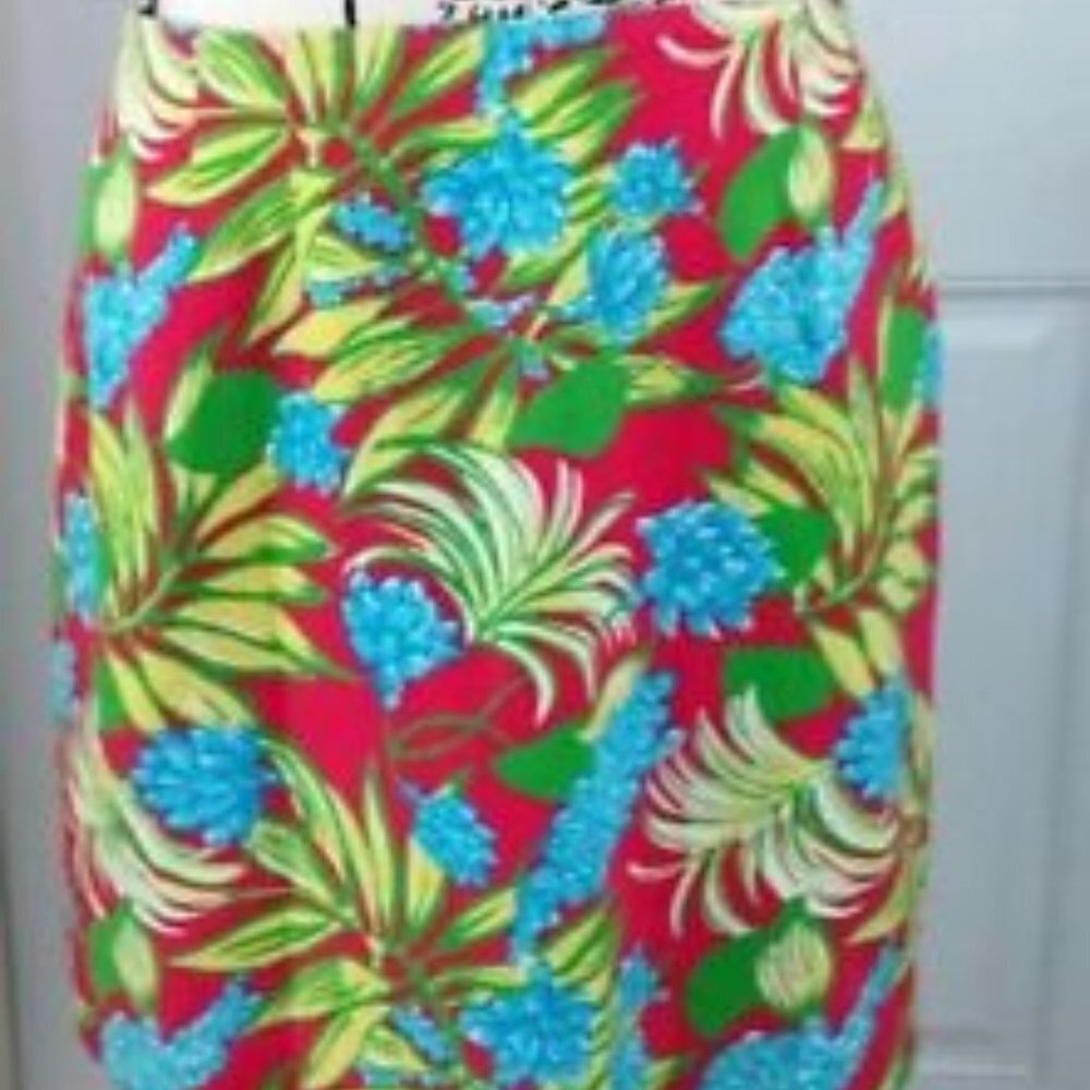 Lilly Pulitzer Floral Pink Blue Textured Fully Lined Scalloped Hem Skirt Women 8